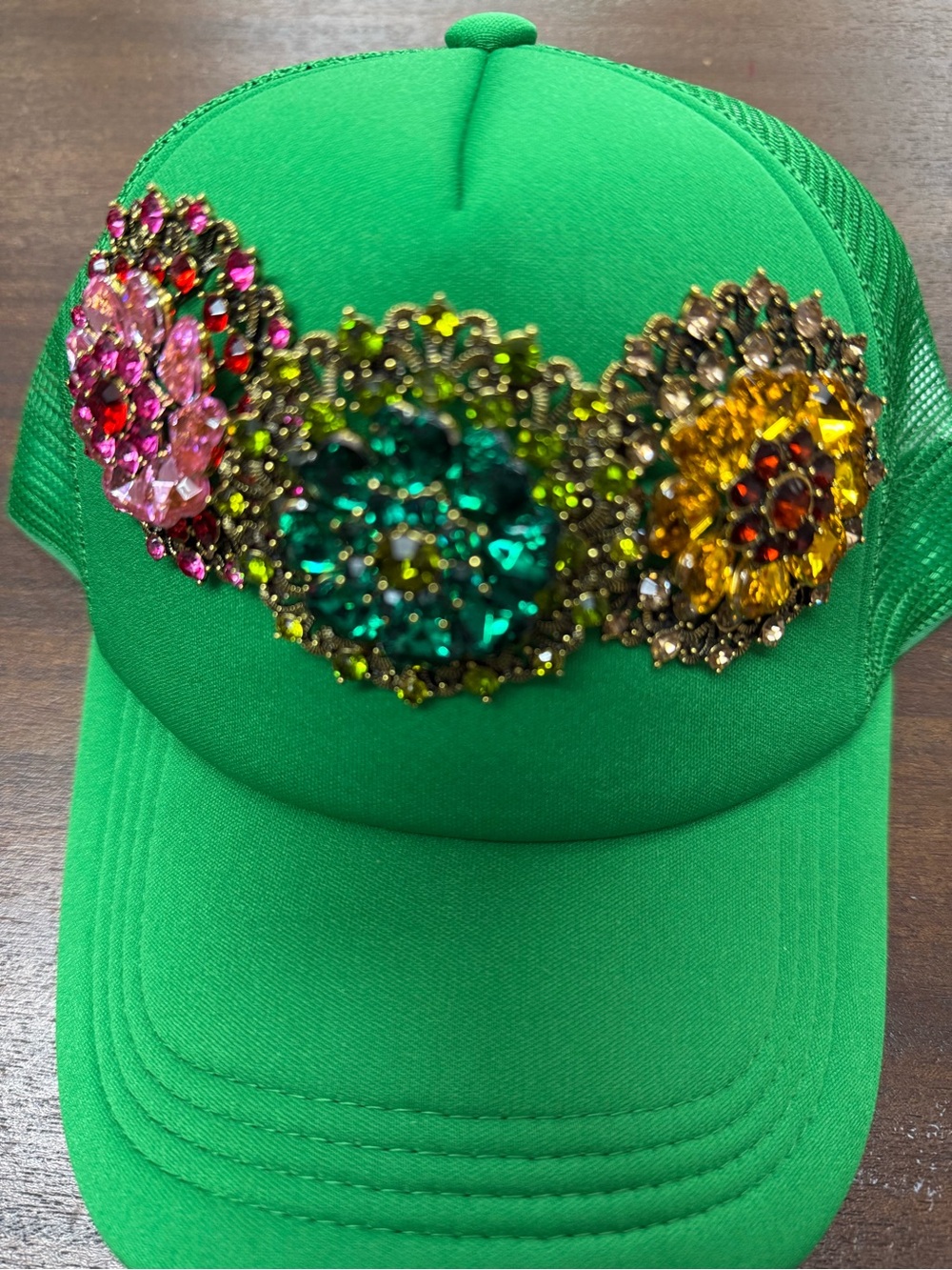 Embellished Green Trucker Cap with Multicolor Crystal Medallions